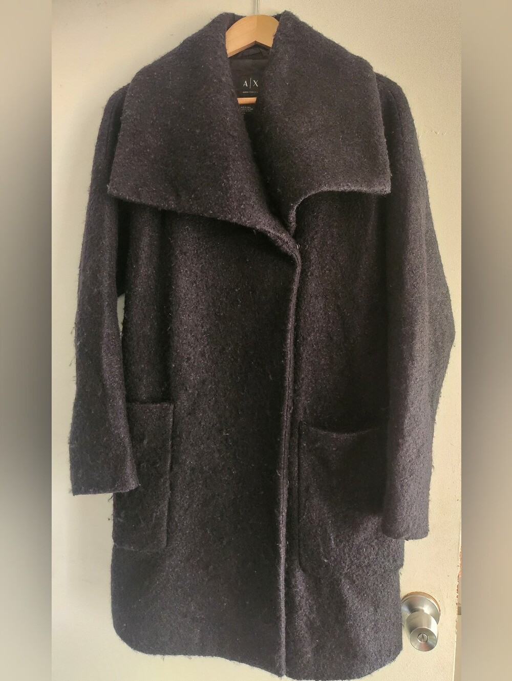 A/X Armani Exchange Dark Black Boucle Textured Shawl-Collar Pea Coat
